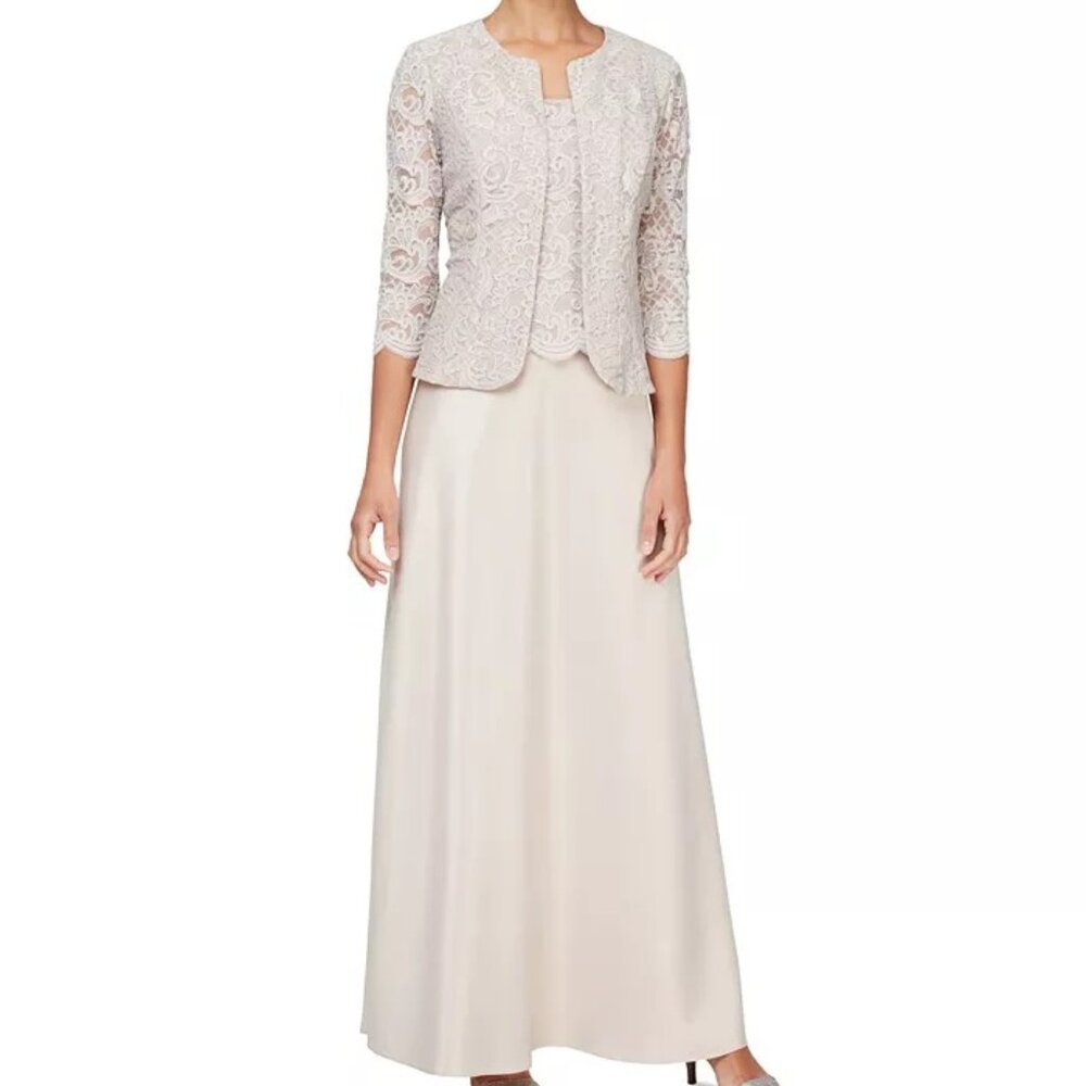 Alex Evenings Lace Jacket & Lace-Top Gown - Taupe